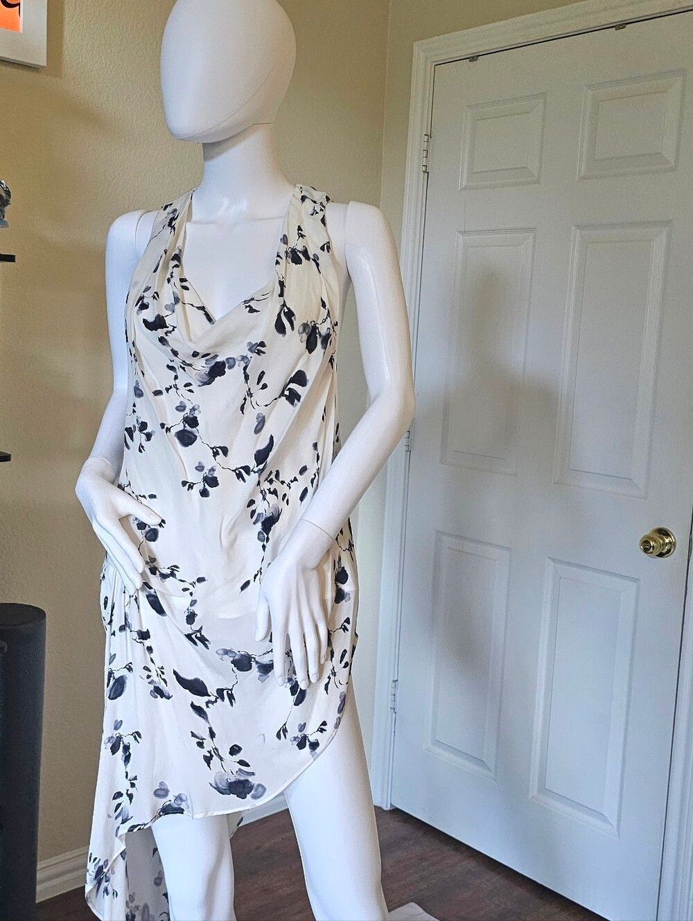 Haute Hippie Ivory and Black Floral Cowl Neck High-Low Top/Dress